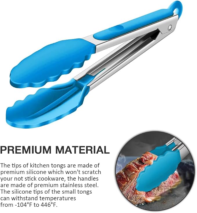 7 Inch Mini Serving Tongs with Silicone Tips Set of 3(Blue) | Stainless Steel Handle, Non-Scratch, Heat Resistant