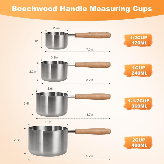 2PCS 2Cup(480ml) Dog Cat Food Scoop, Measuring Cup for Pets & Kitchen | 18/8(304) Stainless Steel, Long Wood Handle, Precise for Portion Control, Etched Scale, BPA Free, Dishwasher Safe