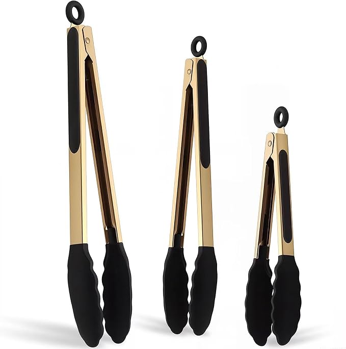Professional Gold Kitchen Tongs for Cooking with Silicone Tips, Set of 3 (7", 9", 12") - Heavy Duty Stainless Steel Food Tongs for Grilling, Serving, BBQ, Salad & Frying - Heat Resistant & Non-Stick