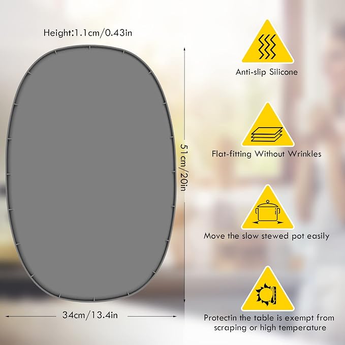 Heat Resistant Mat for 6-8 Quart Slow Cooker, Silicone Trivet | Kitchen Heat Resistant Silicone Trivet, Oval Thickened Silicone Non Slip Heat Resistant Mat