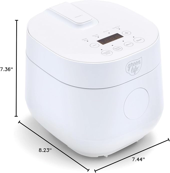 GreenLife Digital Rice & Beans Cooker, 2-Cups Uncooked/4-Cups Cooked, Removable Nonstick Ceramic PFAS-Free Pot, One-Touch Presets, Oats, Quinoa, Brown Rice, Auto Keep Warm, Fuzzy Logic Tech, 1.5 QT, White