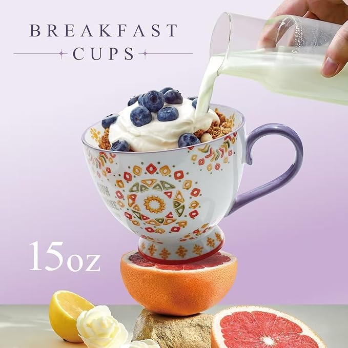 Large Ceramic Coffee Mugs Set of 2,15 oz Stoneware Coffee Cups with 2 Saucers,Underglaze Hand-Painted Cup For Coffee/Cereal/Beer,Festivals and Housewarming Gifts For Family And Friends