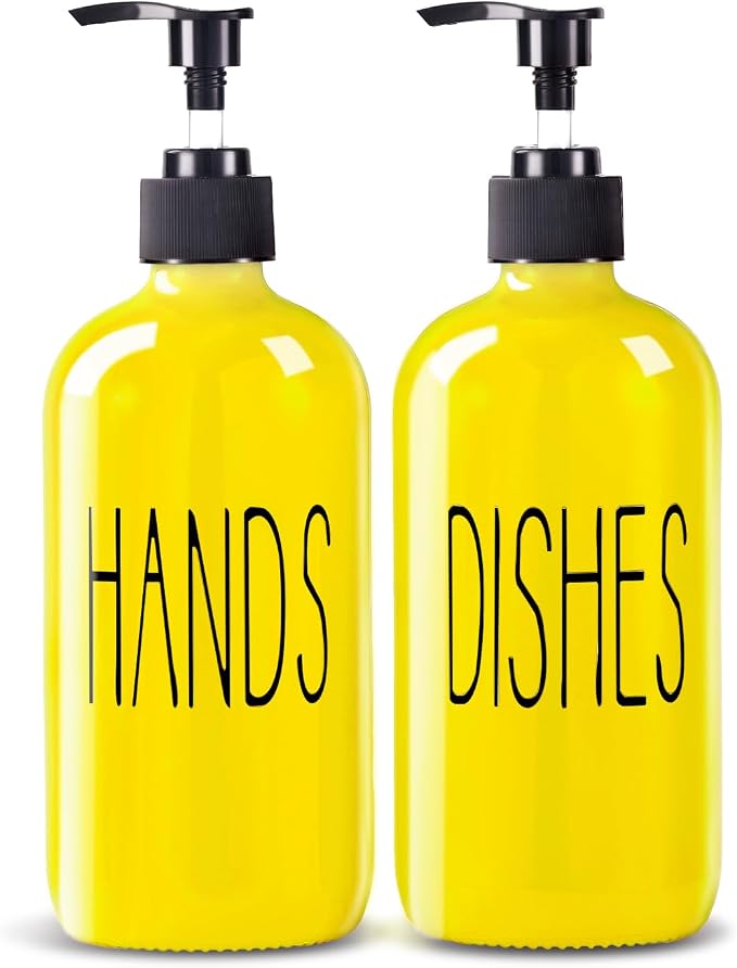 COHOSEGE Glass Soap Dispenser Set 2 Pack,16 Oz Dish Soap Dispenser for Kitchen Sink,Lemon Kitchen Decor and Accessories,Yellow Decorations and Kitchen Utensils for Kitchen
