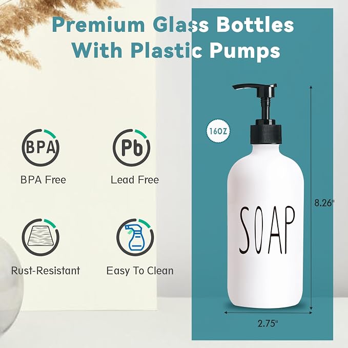 COHOSEGE Glass Soap Dispenser Set 2 Pack,16 Oz Hand Soap Dispenser for Bathroom,White Kitchen Accessories and Bathroom Decor,Soap and Lotion Dispenser Set for Bathroom