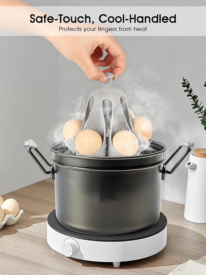 6 Egg Silicone Boiler Rack, Food-Grade Egg Cooker for Hard Soft Boiled Eggs, with Handle Poached Egg Mold, Dishwasher Safe BPA-Free Kitchen Gadgets (Gray)