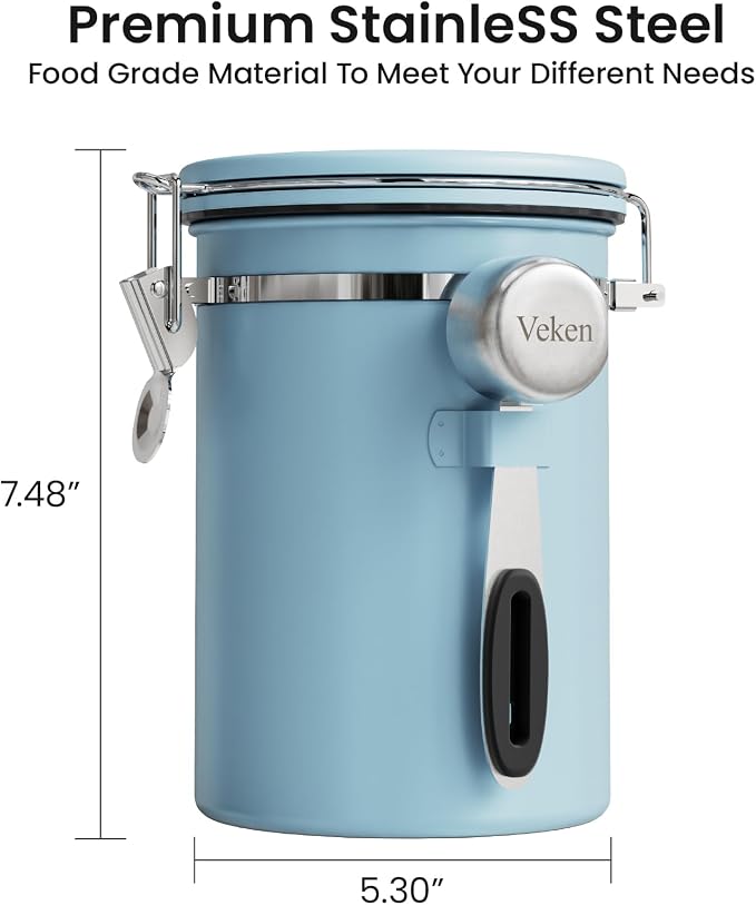 Veken Coffee Canister with Window, Airtight Stainless Steel Container, 22OZ | Date Tracker,Kitchen Food Storage Organizers for Beans, Ground, Espresso, Rice,Tea, Sugar,Cereal, Gifts,Lids,Jars,Scoop, Blue