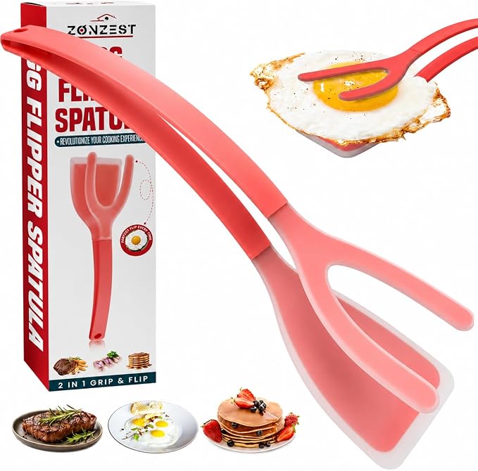 Silicone Egg Flipper Spatula Tongs (Set of 1) – Non-Stick 2-in-1 Grip & Flip Kitchen Tongs for Pancakes, Fish, Eggs, and More – Heat Resistant Cooking Tool (Red)