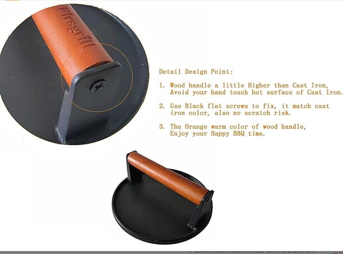 Firsgrill Burger Press 7.08" Round & 8.3”X4.3”Rectangle Heavy-Duty Cast Iron Smash Meat Steak with Wood Handle for Blackstone Camp Chef Pitboss Weber Treager Griddle (Round & Rectangle w Flat Bottom)