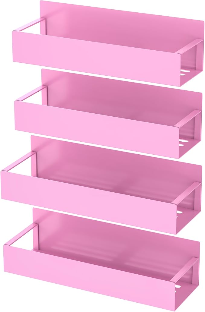 Metal Magnetic Spice Rack for Refrigerator Pink, 4 Pack | Magnetic Shelves Heavy Duty for Fridge in Kitchen, Seasoning Storage Organizer, For Oven Washer and Dryer, For Heavier Items