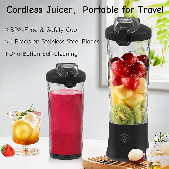 Portable Blender,USB 600ML Electric Juicer Fruit Mixer,4000mAh,Personal compact travel juicer,Smoothies,Fresh juice,Self-cleaning,Leakproof lid, Smart time display,6 blades,with strong blending,Black