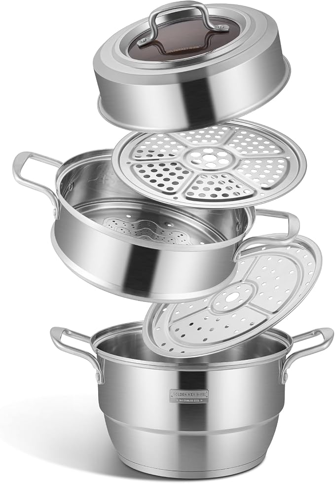 GOLDEN KEY 7.4 QT Steamer for Cooking, 2-Tier Multipurpose 18/8 Stainless Steel Steamer Pot with Lid for Vegetable, Seafood, Rice, Dumplings, Works with Gas Electric Induction Stove