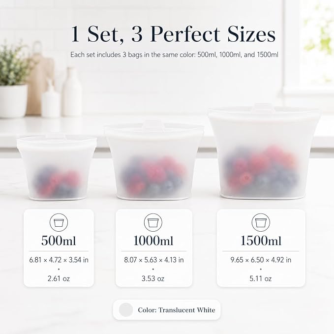Reusable Silicone Food Storage Bags, 3 Pack 17/34/50 oz, Snack & Meal Prep(Clear)