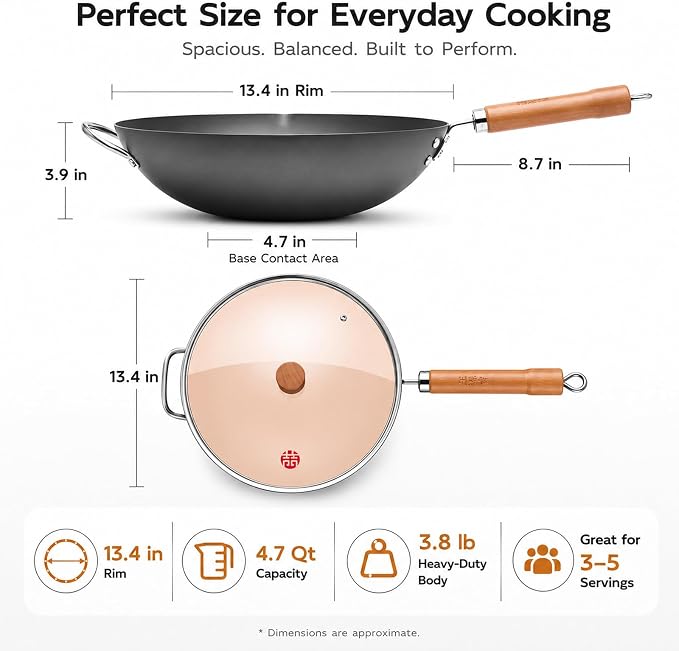 WANGYUANJI 13.4 Inch Carbon Steel Wok Pan with Glass Lid, Flat Bottom Chinese Stir Fry Wok for Induction, Gas and Electric Stoves, Uncoated Iron Wok for Stir Frying, Sautéing and Deep Frying
