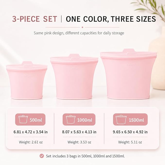 Reusable Silicone Food Storage Bags, 3 Pack 17/34/50 oz, Snack & Meal Prep(Pink)