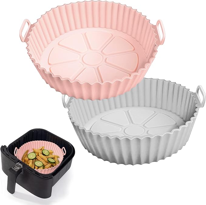 2 Pack Air Fryer Silicone Liners for 5 QT or Bigger,Silicone Air Fryer Liners Inserts,Replacement of Flammable Parchment Paper,Reusable Baking Tray Oven Accessories,Pink+Grey(Top8.66in, Bottom7.48in)