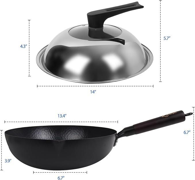 Souped Up Recipes 13.4 Inch Carbon Steel Wok For Electric, Induction and Gas Stoves (Lid, Spatula and User Guide Video Included)