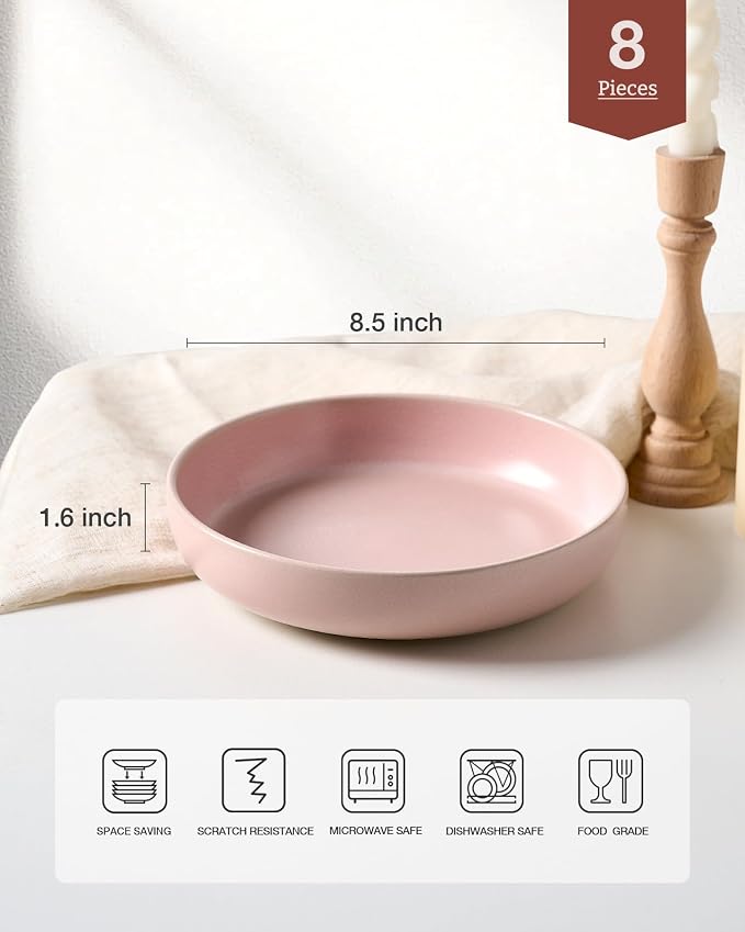famiware Milkyway 33 oz Pasta Bowls Set of 8, Light Pink | Double Reactive Glaze, Scratch-Resistant Stoneware Salad Bowls, Stackable, Dishwasher & Microwave Safe, Lead-Free
