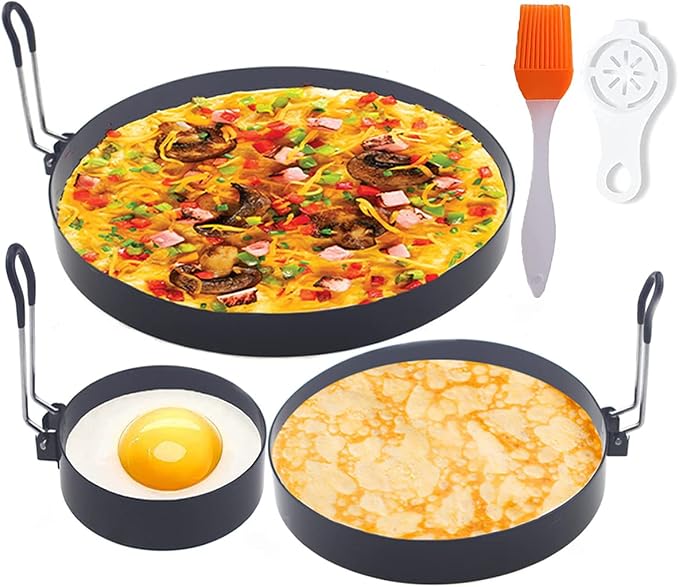 Stainless Steel Egg Cooker Set - 8" Omelette Ring, 6" Pancake Ring, 4" Griddle Egg Ring - Non-stick, Upgrade Large 3 Packs Egg Cooking Rings with Oil Brush & Egg Separator