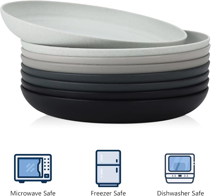 Deep Dinner Plates Set of 8 Alternative for Plastic Plates Microwave and Dishwasher Safe Wheat Straw Plates for Kitchen Unbreakable Kids Plates for Dessert, Salad (Black Grey, 10 inch)