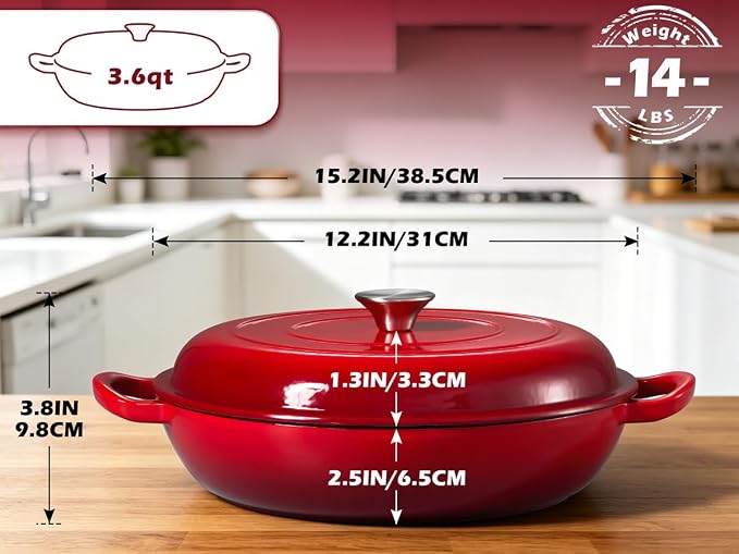 Leonyo 3.6QT Cast Iron Braiser Shallow Dutch Oven with Lid, Red | Nonstick Enameled Cast Iron Casserole Skillet, Cast Iron Cookware Shallow Dutch Oven with Lid for All Cooktop, Oven Safe