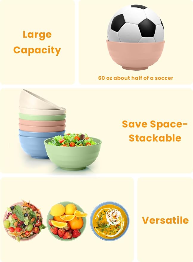 Large Wheat Straw Bowls 60oz Light Color Bowl Set of 8 - The Ultimate All-in-One Set for Salad, Soup, Cereal & Oatmeal, Microwave Safe & Unbreakable
