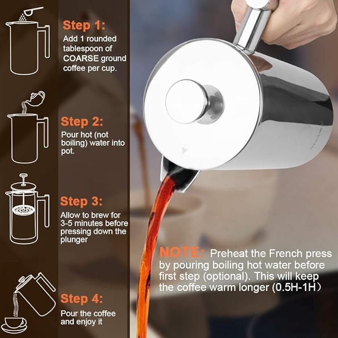 Secura French Press Coffee Maker, 304 Grade Stainless Steel Insulated Coffee Press with 2 Extra Screens, 34oz (1 Litre), Silver (Pack of 3)