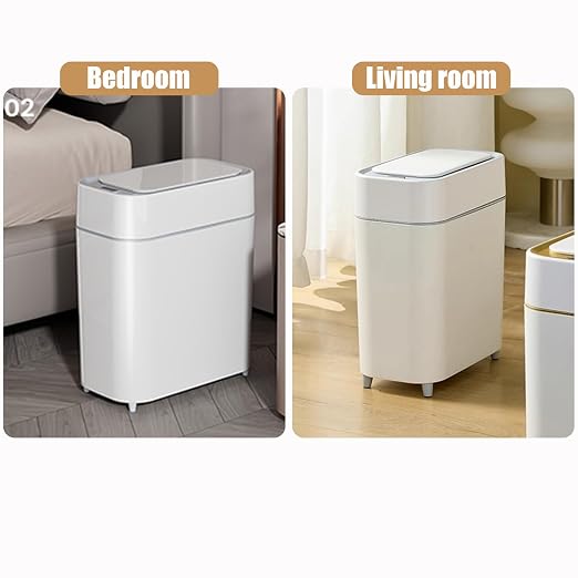 2-Pack - Bathroom Trash Can Automatic Touchless - Motion Sensor Garbage Can | 2 Gallon Waste Basket for Bedroom, Laundry room, Small Spaces - Narrow Automatic Trash Bin - White with Grey Edge