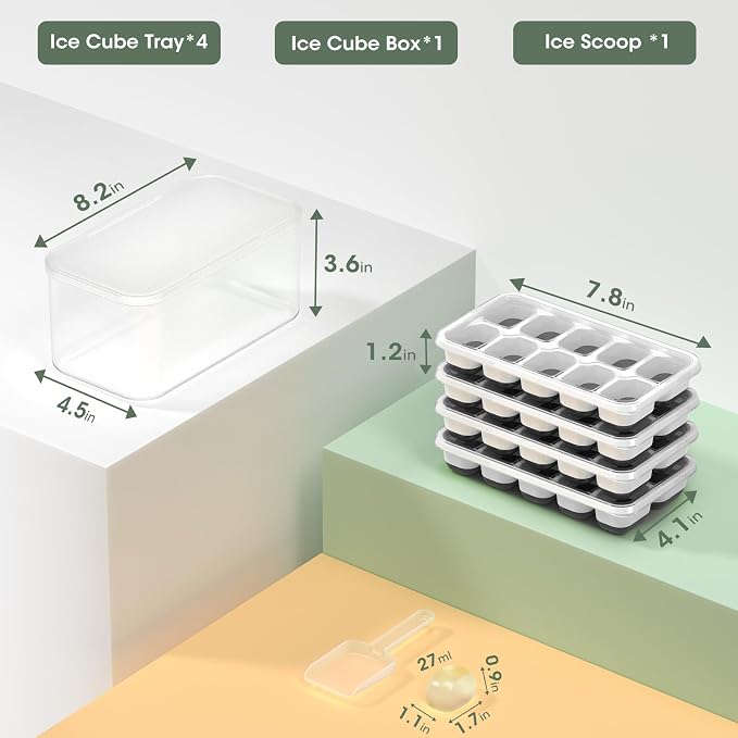 DOQAUS Ice Cube Tray with Lid and Bin,4 Pack Ice Cube Trays for Freezer | Silicone, Stackable. Easy Release Trays with Storage Bin & Scoop. Ideal for Freezer, Kitchen, RV, Cocktail, Coffee.