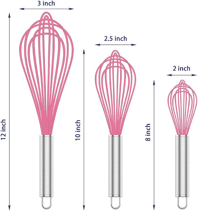OYV Pink Silicone Whisk Set of 3, 8/10/12 Inch, Non-Scratch | BPA-Free Silicone, Heat Resistant Up to 480°F, Stainless Steel Core, Dishwasher Safe, Nonstick-Safe