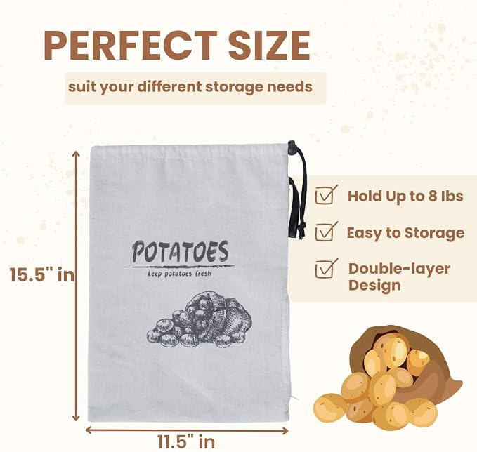 Potato Onion Storage Bag, Reusable Potato and Onion Storage Bag for Pantry, Vegetable Storage Bags with Drawstring Closure, Blackout Liner for Shopping Storage, 2 Packs (Potato Onion Bag)