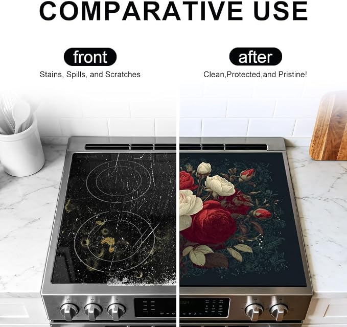 Stove Mat 20.47 x 28.35 Inch Red and Cream Roses Bouquet Vintage Floral Design Cover for Romantic Farmhouse Kitchen Decor and Stove Top Accent
