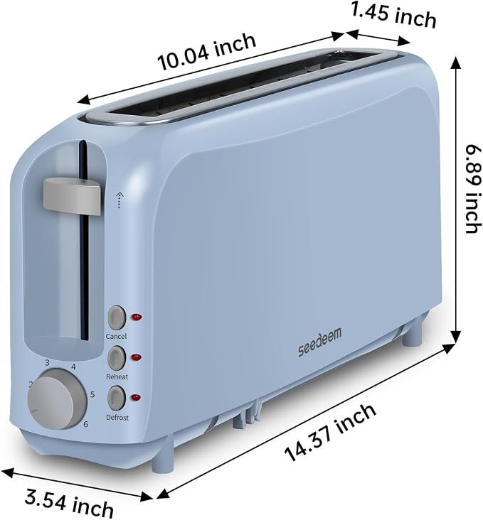 SEEDEEM 2 Slice Slim Toaster, 10" Long Slot, 6 Shade Settings, Blue | Long Slot, 6 Shade Settings, Cancel/Reheat/Defrost, Removable Crumb Tray