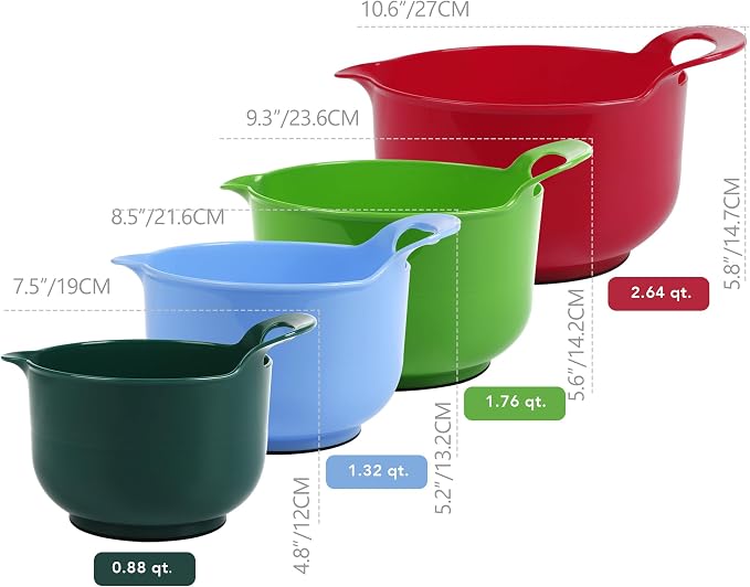 BoxedHome 4 Pack Nesting Mixing Bowl Christmas Set with Pour Spout and Handle, BPA free Microwave & Dishwasher Safe(Christmas colours, 4 Pack with Handle)