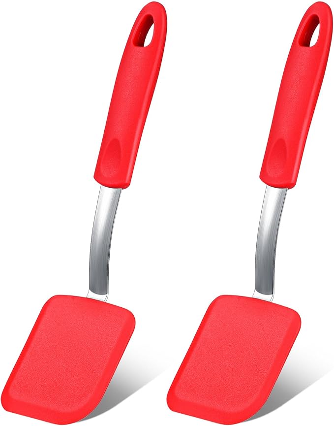 Silicone Cookie Spatula Turner 2 Pack Mini Brownie Spatula Flexible Kitchen Small Silicone Turner for Nonstick Cookware Heat Resistant No Scratch Flipper for Egg(Solid Flat,Red)