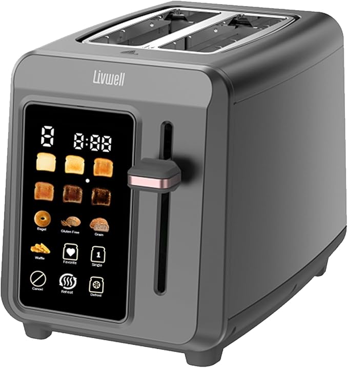 LIVWELL Smart Touch 2-Slice Metal LED Toaster - Gun Metal Finish | LED Touch Screen, 6 Browning Levels, Countdown Timer, Cancel Function, Defrost Setting, Even Heating, Compact Design