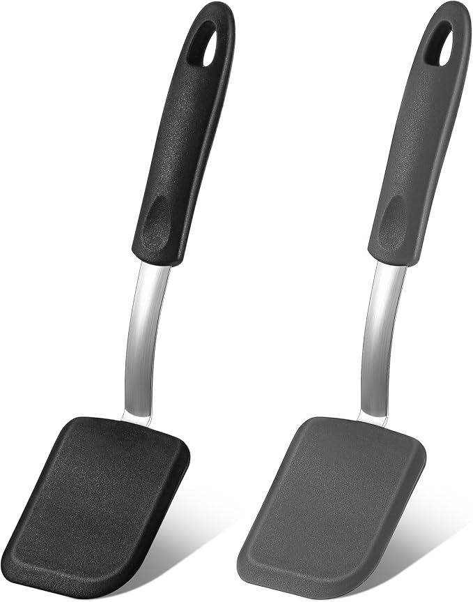 Silicone Cookie Spatula Turner 2 Pack Mini Brownie Spatula Flexible Kitchen Small Silicone Turner for Nonstick Cookware Heat Resistant No Scratch Flipper for Egg(Solid Flat,Black, Grey)