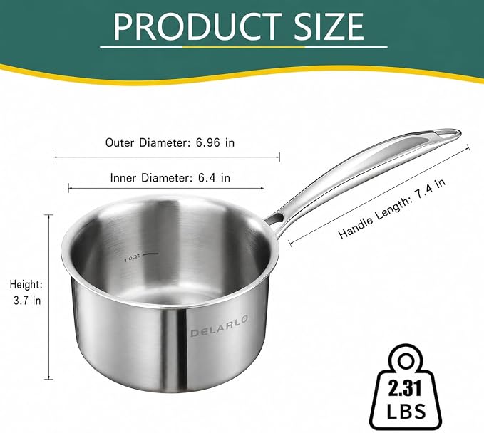 DELARLO Full-body Clad Tri-ply Stainless Steel 2 Quart Saucepan with Lid | Small Stainless Steel Pot Induction Cooking Sauce Pot Pan, Heavy Duty Saucier Cookware, PFOA&PTFE Free