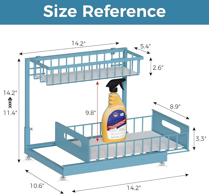 L-Shaped Under Sink Organizer, 2-Tier Pull-out Cabinet Rack 1-Pack | Teal Height-Adjustable Steel Rack, Sliding Grid Drawers with PP Liners, Holds 100 Lbs, Suction Base, Ideal Kitchen Storage
