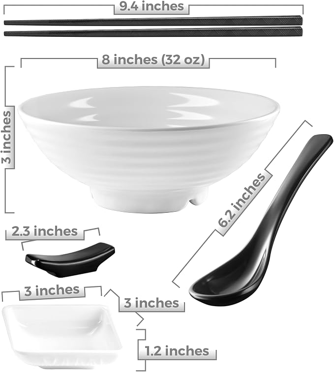 Noodle Bowls Set - large 32oz Ramen Bowl Set for authentic Asian Cuisine - comes with Dipping Bowls, Spoons and Chopstick Stands. Enjoy Thai Miso, Udon or Wonton (2 Bowl Set, White)