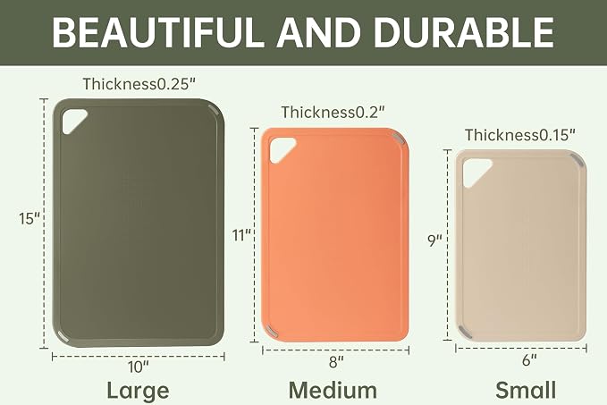 Plastic Cutting Board Set, Cutting Boards for Kitchen BPA Free | Large-Small Chopping Boards Set of 3 Non-Slip for Cooking Camping Dishwasher Safe, Reversible, with Grip Handle, Orange Green