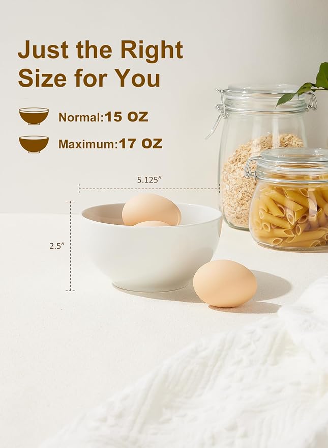 17 OZ White Ceramic Soup Bowls of 6, Cereal Bowls for Kitchen | Porcelain Bowl, For Kitchen Cereal Soup Rice Salad Pasta Dessert Snack Fruits Ice Cream, Stackable, Microwave Dishwasher Safe