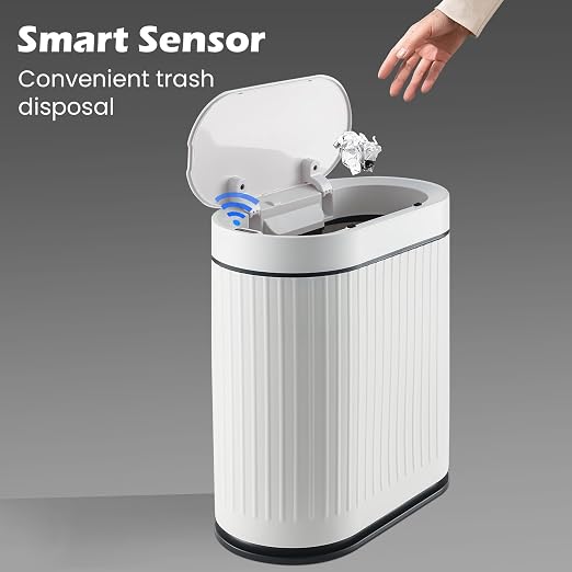 SYNCVIBE Bathroom Sensor Trash Can with Lid, 2 Gallon, White Black | Automatic Garbage Can, 7.5 Liter Smart Trash Bin, Waterproof Plastic Wastebasket for Office and Bedroom