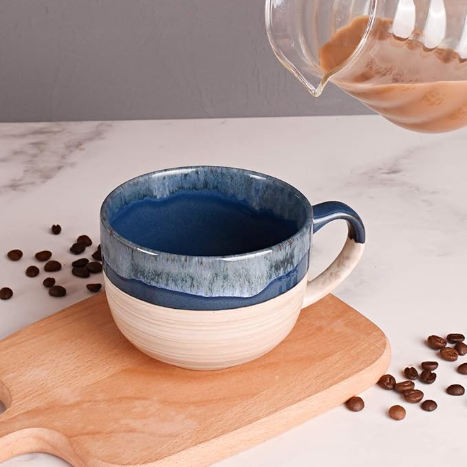 Bosmarlin Large Ceramic Coffee Mug Set of 2, Stoneware Latte Mug for Office and Home, 16 Oz, Dishwasher and Microwave Safe, (Prussian Blue, 2)