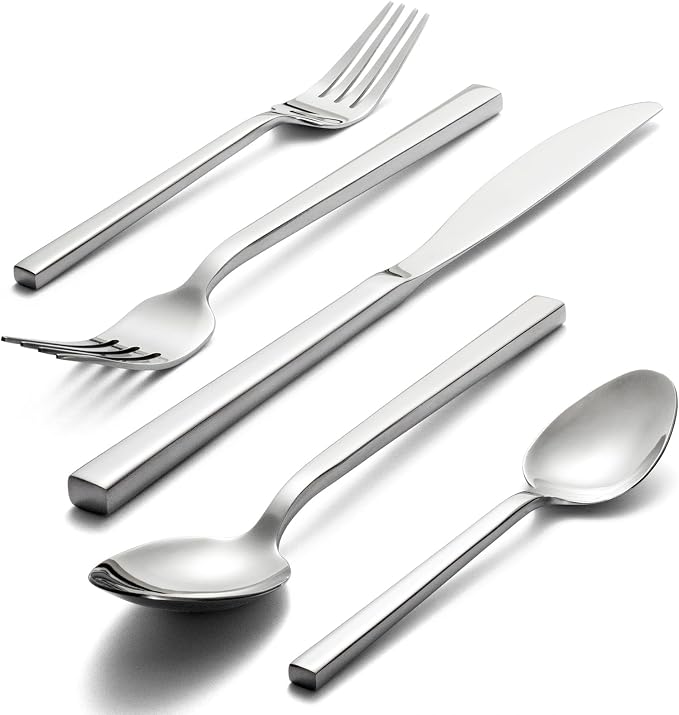 Alata Cube 20-Piece Forged Flatware Set, Service for 4, Mirror Finish | 18/0, Stainless Steel, Dishwasher Safe, Square Handle, Silverware Set, Cutlery Set, Daily Use, Party, Present, Restaurant