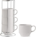 HASENSE 15 oz Ribbed Stackable Coffee Mug Set of 4, Porcelain Latte Cups with Metal Rack, Dishwasher & Microwave Safe, Cappuccino Tea Hot Cocoa, White