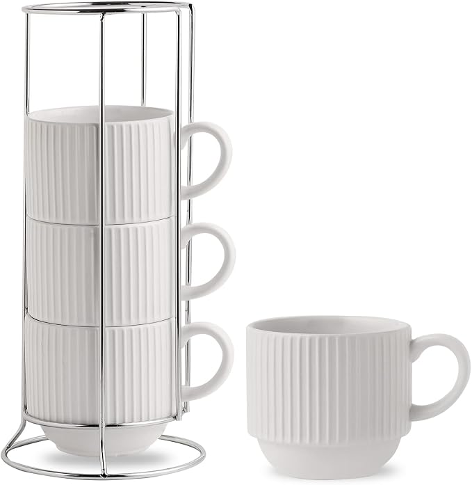 HASENSE 15 oz Ribbed Stackable Coffee Mug Set of 4, Porcelain Latte Cups with Metal Rack, Dishwasher & Microwave Safe, Cappuccino Tea Hot Cocoa, White