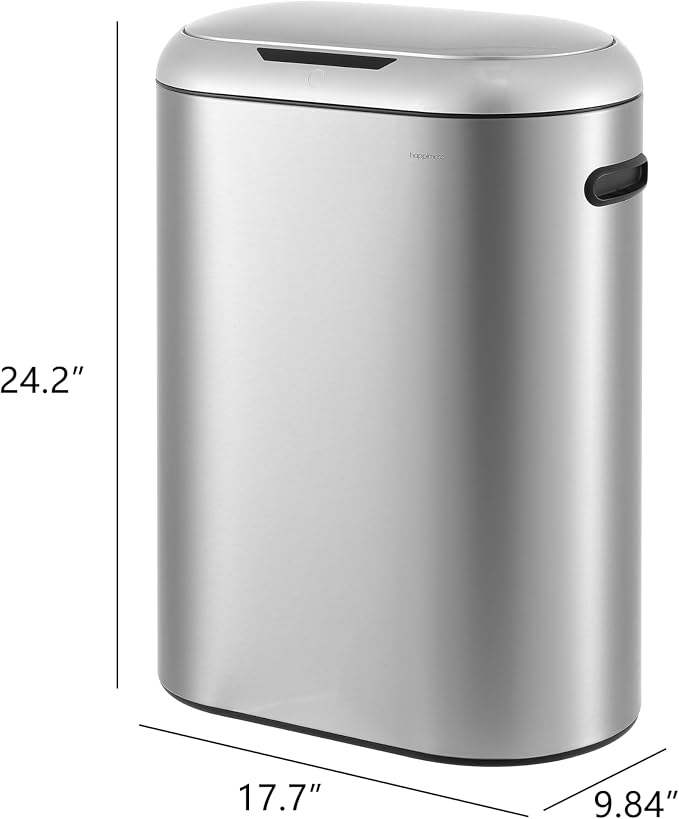happimess 13.2 Gal Oval Motion Sensor Trash Can, Platinum Silver | Oval, Motion Sensor, Touch Mode, Fingerprint Resistant, Stainless Steel, Soft Close Lid, 17.7" W x 9.84" D x 24.2" H