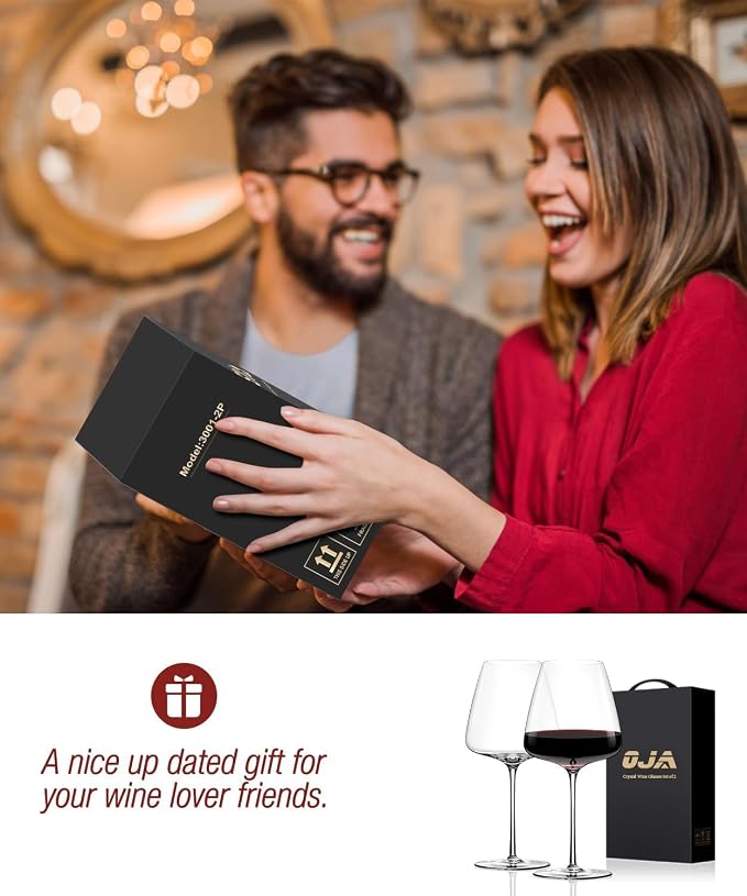 OJA Wine Glasses Set, Crystal Hand Blown Red Wine Glass Set of 2, 23 oz | Long Stem, Unique Large Design, Best for Wine tasting, Birthday, Christmas, Anniversary