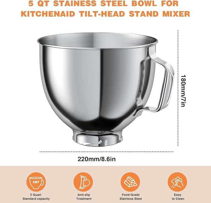 5 QT Stainless Steel Mixer Bowl for KITCHENAID TILT-HEAD 4.5-5 Qt Mixer | Anti-slip handle & Prominent Clasp, Food-Grade, Stainless Steel Polished