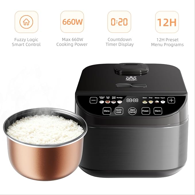 TRIANGLE Smart Rice Cooker 6 Cups Uncooked, Fuzzy Logic Rice Maker One-Touch Cooking with Non-stick Inner Pot, Steamer, Quick Cook, Timer, Auto Keep Warm Feature, Black